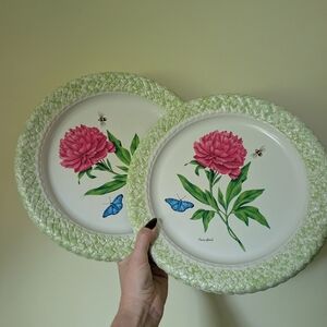 Floral Pink Peony Green and White Dinner Plastic  Plates
